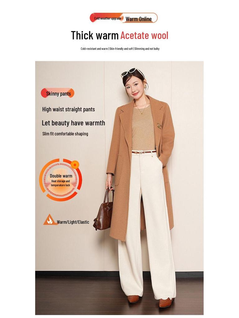 Women's Soft White Wool Acetate Wide-Leg Pants for Autumn/Winter 2025