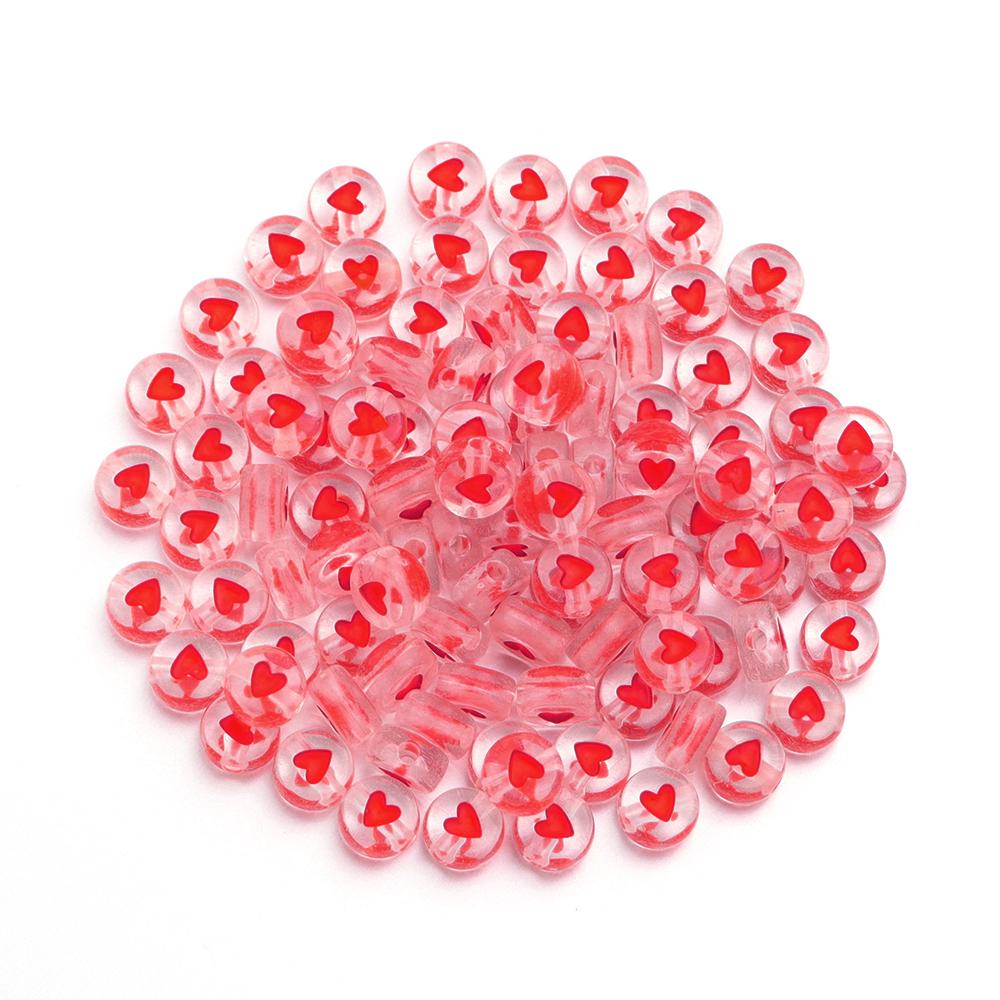 100pcs/lot 7mm Acrylic Beads Colored Transparent Heart Pattern Loose Flat Round Beads For Craft Bracelet Making DIY Jewelry Gift