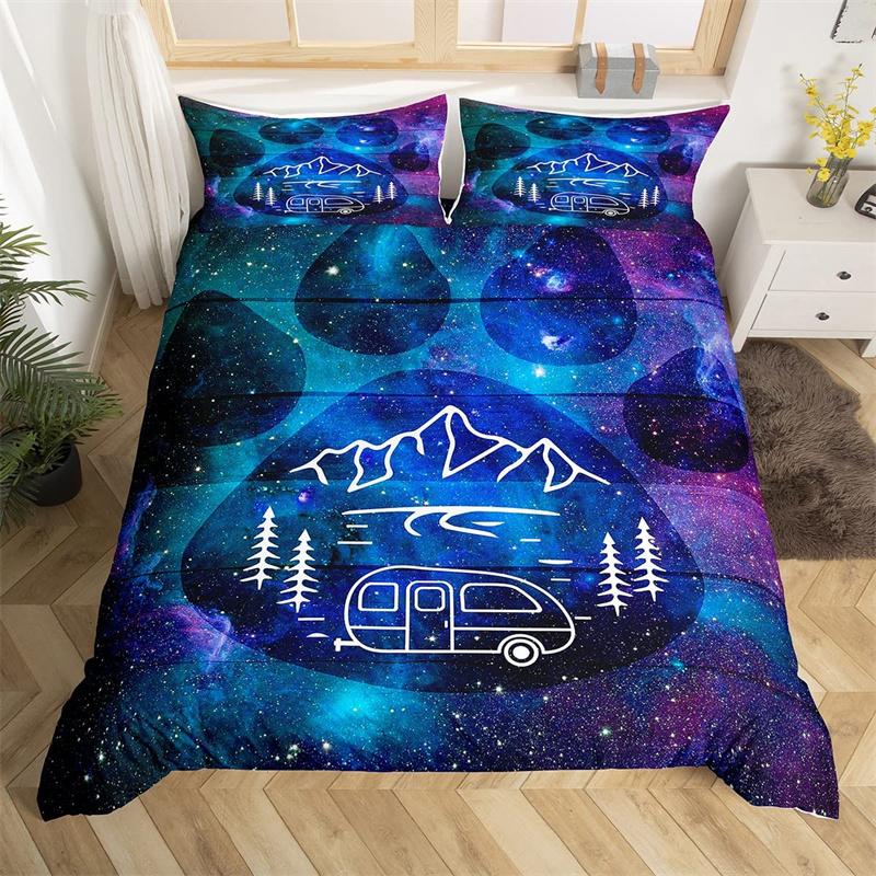 Camping Bettbezug Mikrofaser Galaxie Sterne Mond Happy Camping Bettdeckenbezug Camper Truck Geometrie Berg Bäume Bettwäscheset