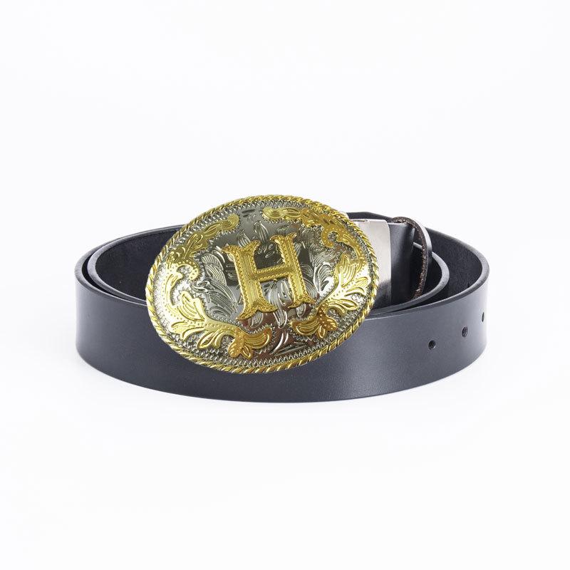 Men s Retro Full-Grain Leather Wide Belt with Ethnic Letter H Design 120 cm