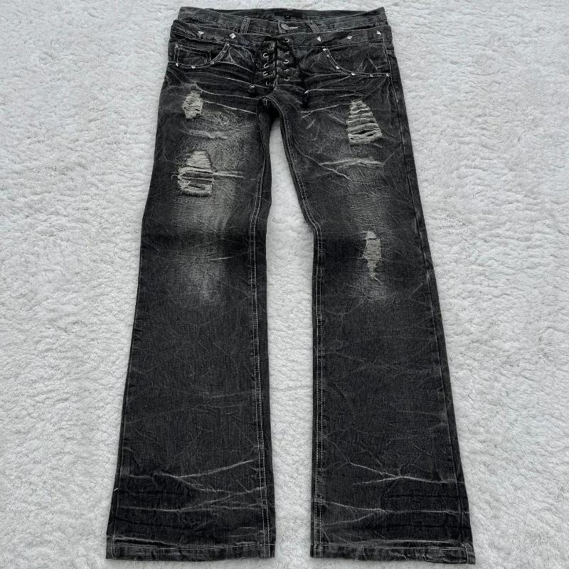 Vintage Double Waisted Lace Up Micro Flared Women Jeans Y2K Washed Wide Leg American Style Denim Pants Baggy Streetwear