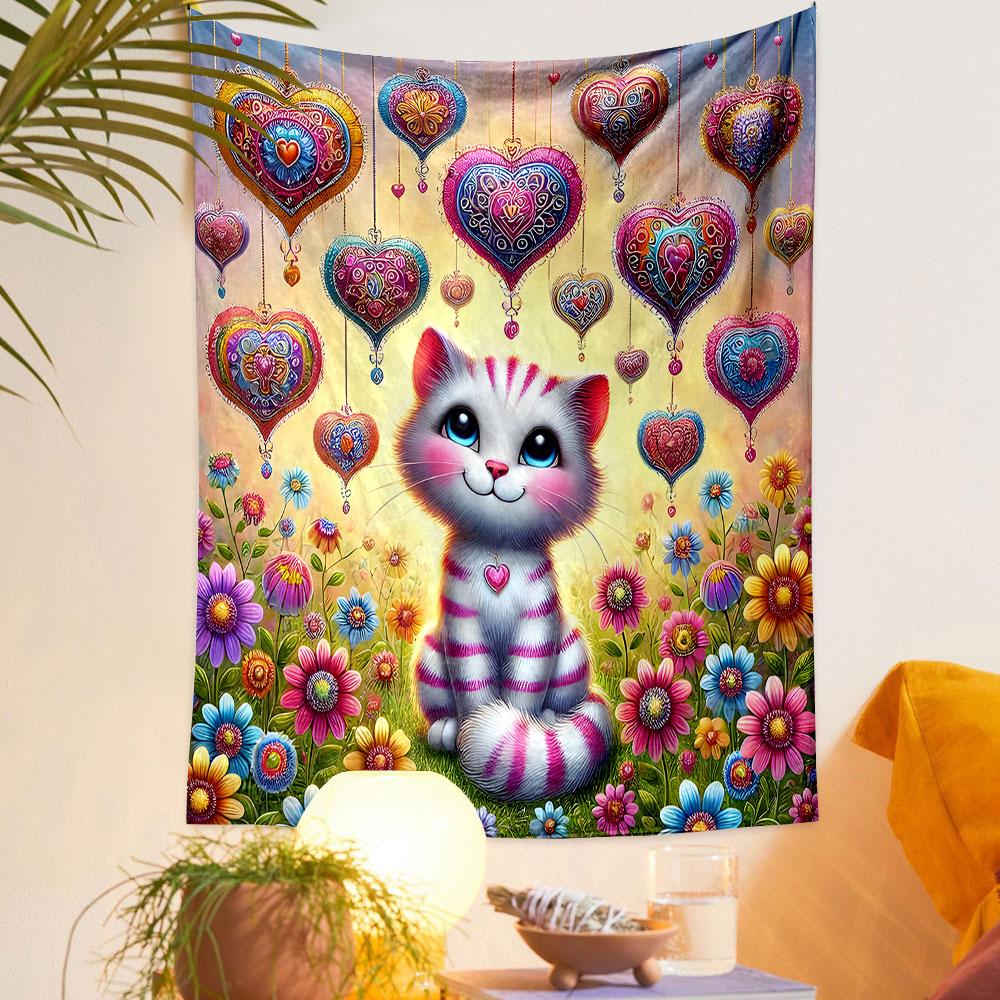 "Colorful Cat with Hearts and Flowers" Patterned Tapestry Home Decor, Suitable for Bedroom and Living Room, Gift