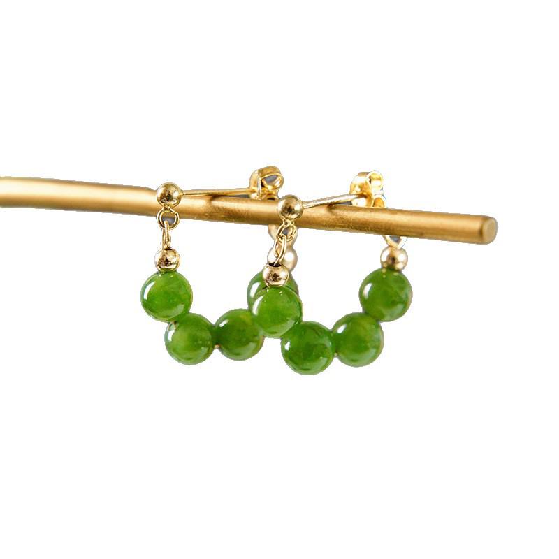 Hetian Jade & Sterling Silver Earrings - New Chinese Style Green Jade Studs for Autumn/Winter