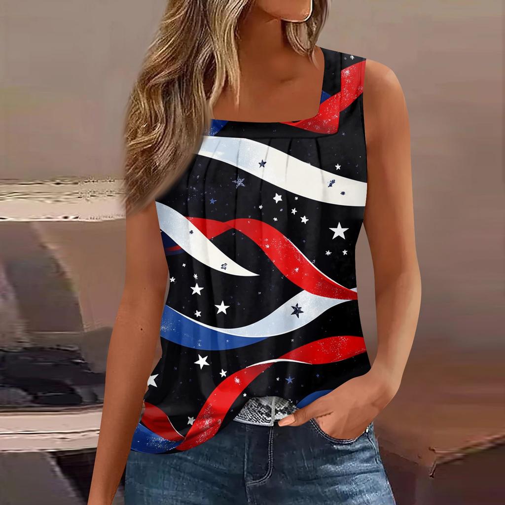 Women's Summer Casual Pleated Square Neck Sleeveless Tank Top Printed T-Shirt