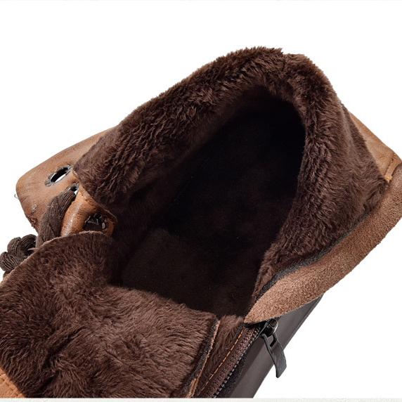 Johnature Retro Genuine Leather Short Boots Lace Up Thick Sole Plush Warm Cotton Boots Women's Shoes