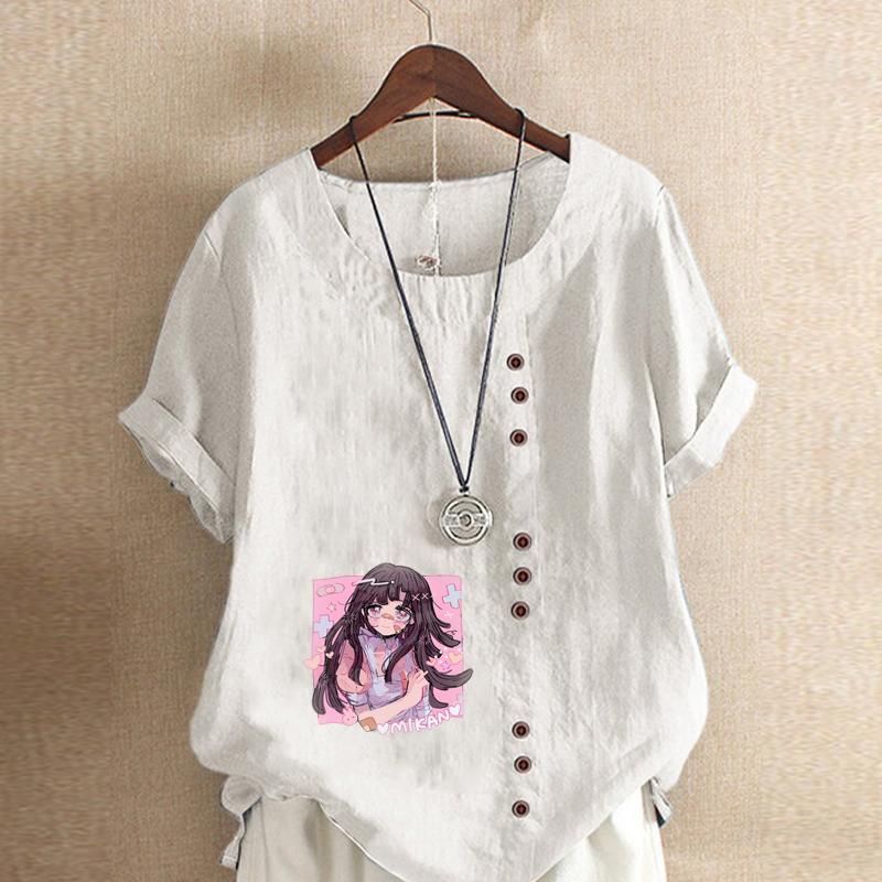 Women's Fashion Round Neck Short Sleeve T-shirt Casual Cotton Linen Graphic Shirt Leisure Loose Pink Girl Prined Summer Blouse Tops