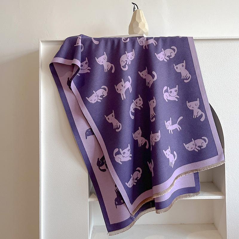 Winter Imitation Cashmere Warm Scarf Female Cute Wind Cartoon Kitten Air Conditioner Decoration Thick Shawl Long Scarf