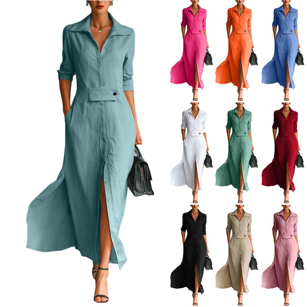 Women's Fashionable Color Lapel Long Sleeved Hem Slit Casual Shirt Dress