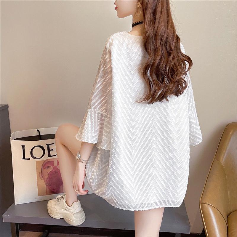 Dünnes Chiffon-Hemd für Damen Sommer Locker Temperament V-Ausschnitt Oberteil Halb Kurzärmelig