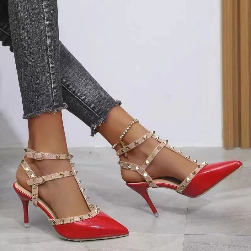 High heels women's 2025 spring new French one-word buckle rivet shoes pure desire Internet celebrity large size sandals pointed single shoes