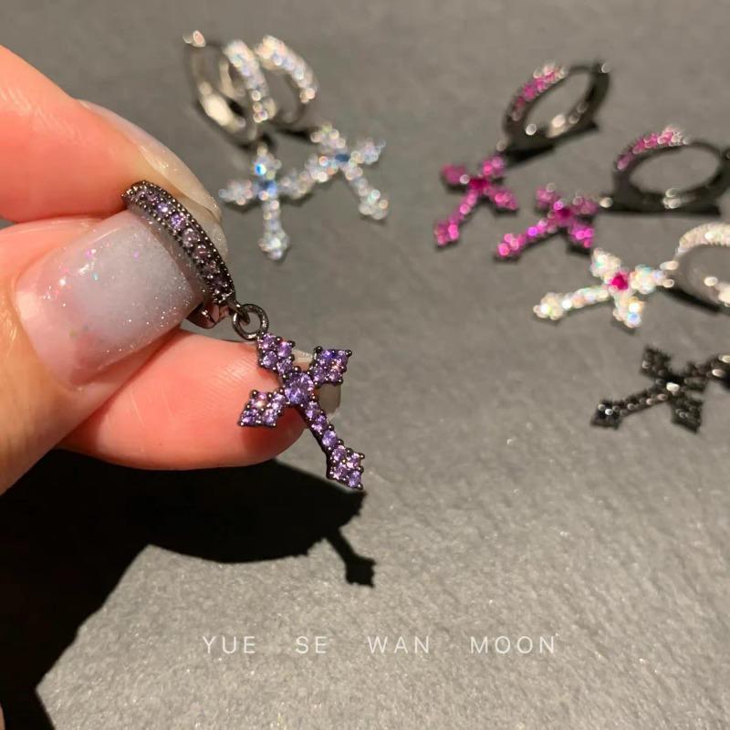 Gothic Vintage Colorful Rhinestone Cross Hoop Earrings Unique Exquisite