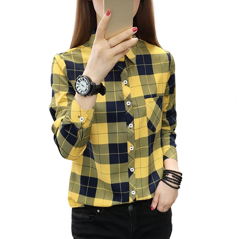 Women Shirt Long Sleeve All Match Single-breasted Casual Soft Dressing Up Polyester Plaid Print Women Shirt Top Female Clothing