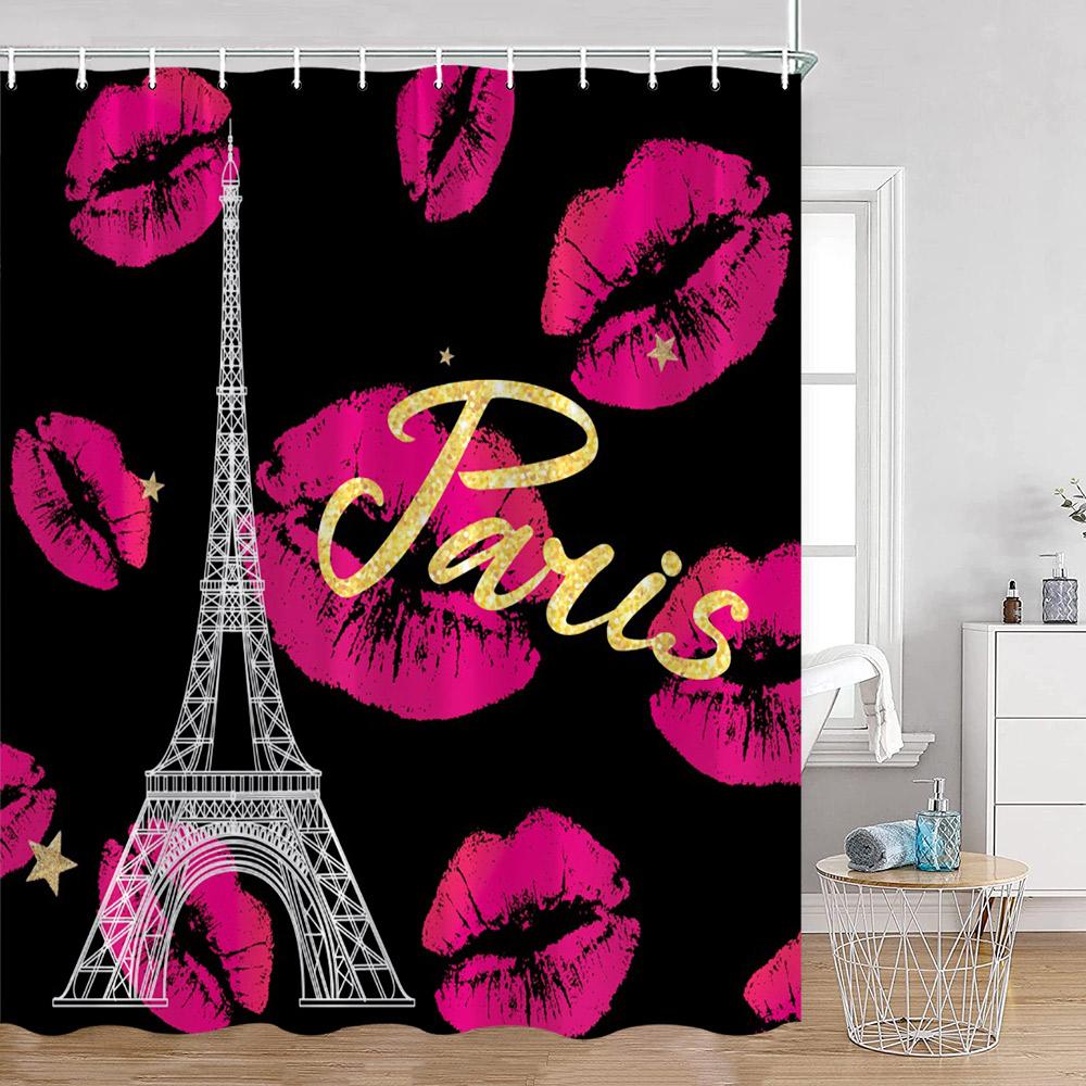Pink Fashion Romantic Eiffe Tower Shower Curtain Paris View Dress Pink Cosmetics Bathroom Decor Modern Bath Curtains with Hooks