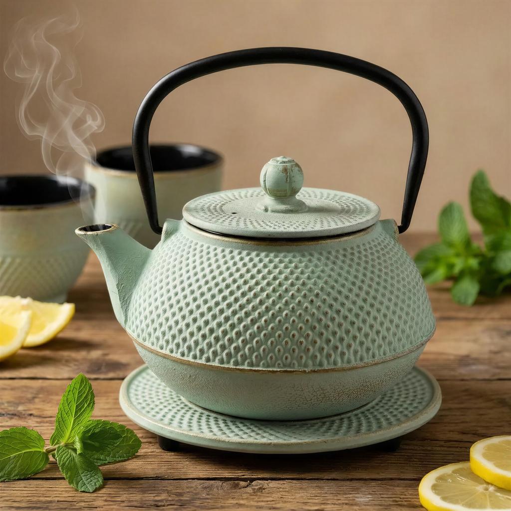 CAST IRON KETTLE POT MINT 0.8L SET 1x POT 2x CUPS WITH STAND