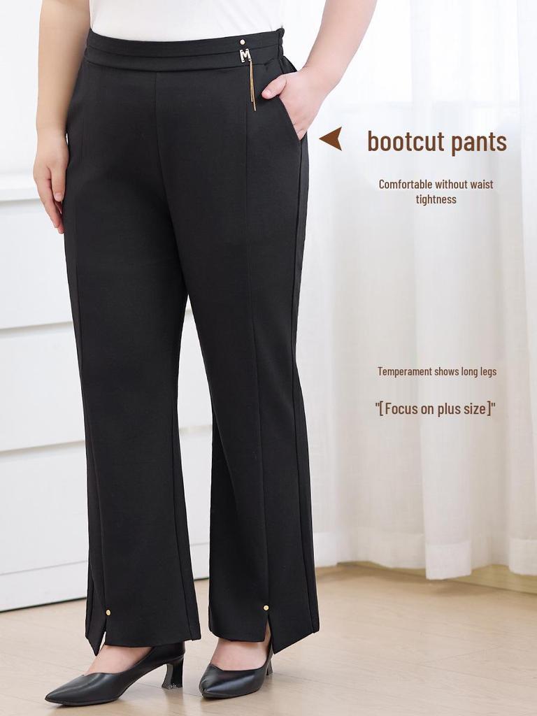 Plus Size Women's High Waist Micro Flare Pants with Metal Accents - Elegant Winter Wear for Middle-Aged and Elderly