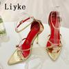 Fashion Liyke Fashion Design Metal Decoration Narrow Band Women Sandal High Heels Sexy Pointed Open Toe Wedding Banquet Shoes Size 35-41