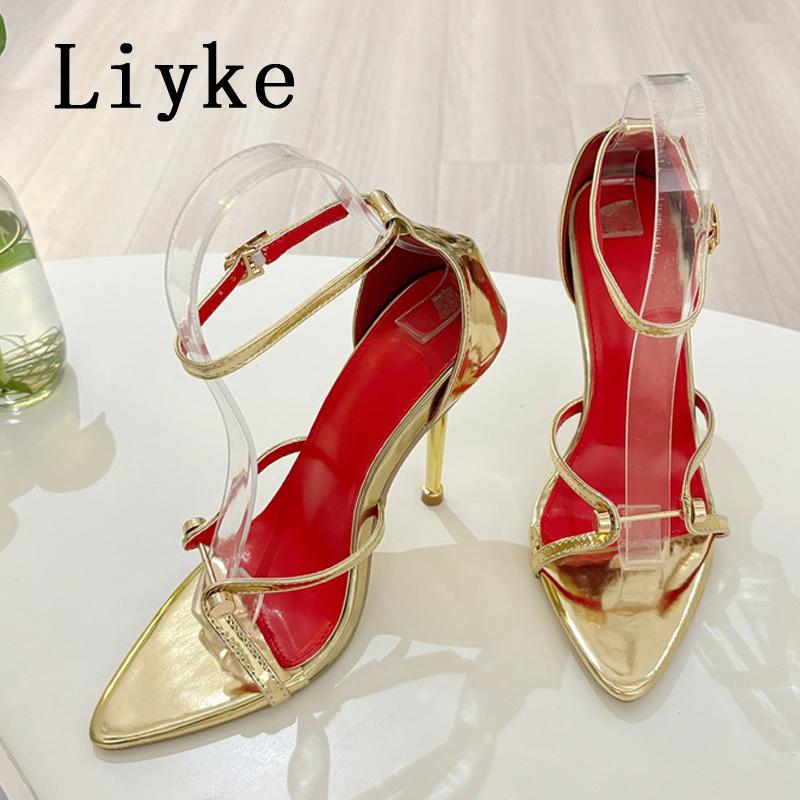 Fashion Liyke Fashion Design Metal Decoration Narrow Band Women Sandal High Heels Sexy Pointed Open Toe Wedding Banquet Shoes Size 35-41