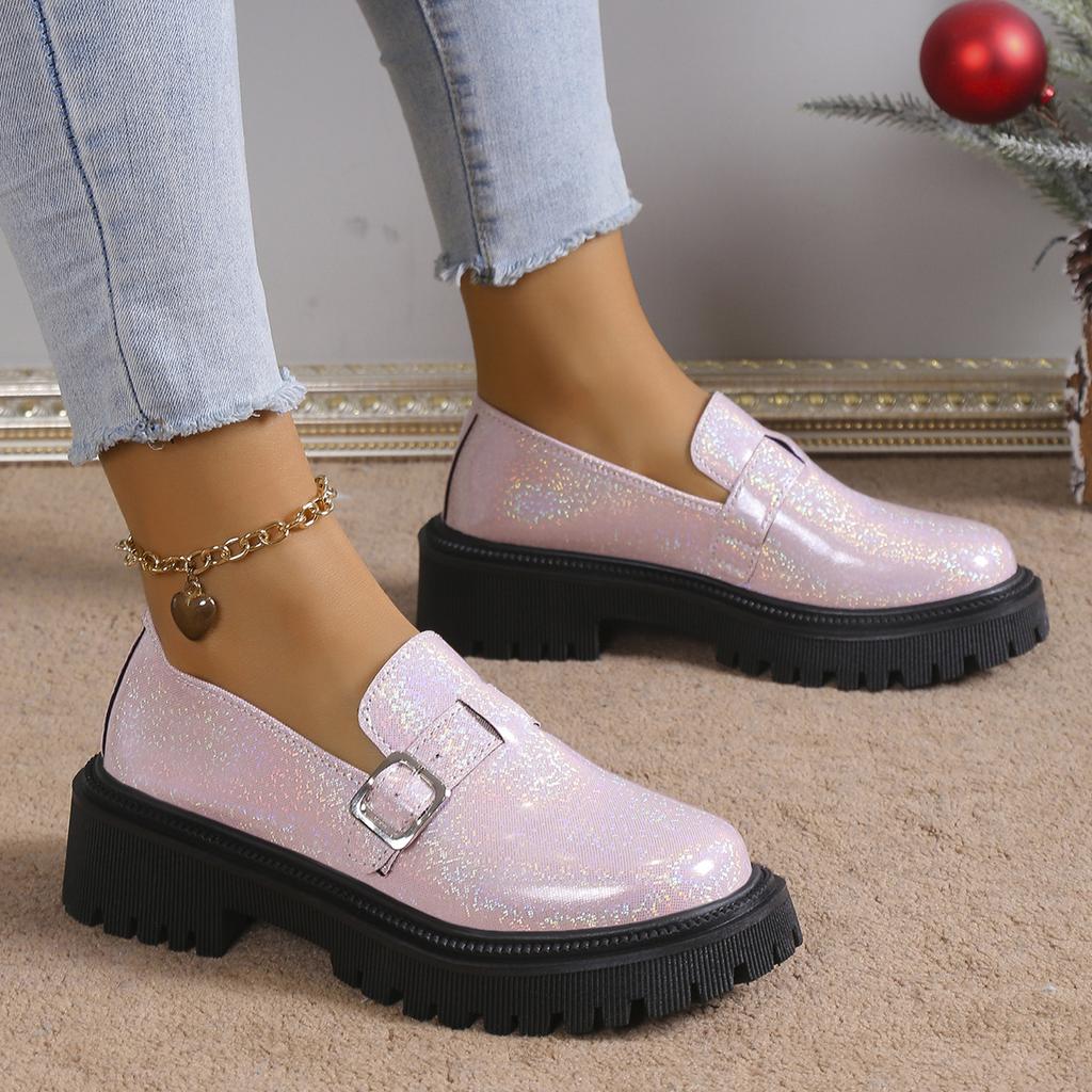 fashion 2024 Spring Fashion Laser Loafers for Women Platform Metal Buckle Flat Shoes Woman Round Toe Slip On Casual Shoes Zapatas Mujer