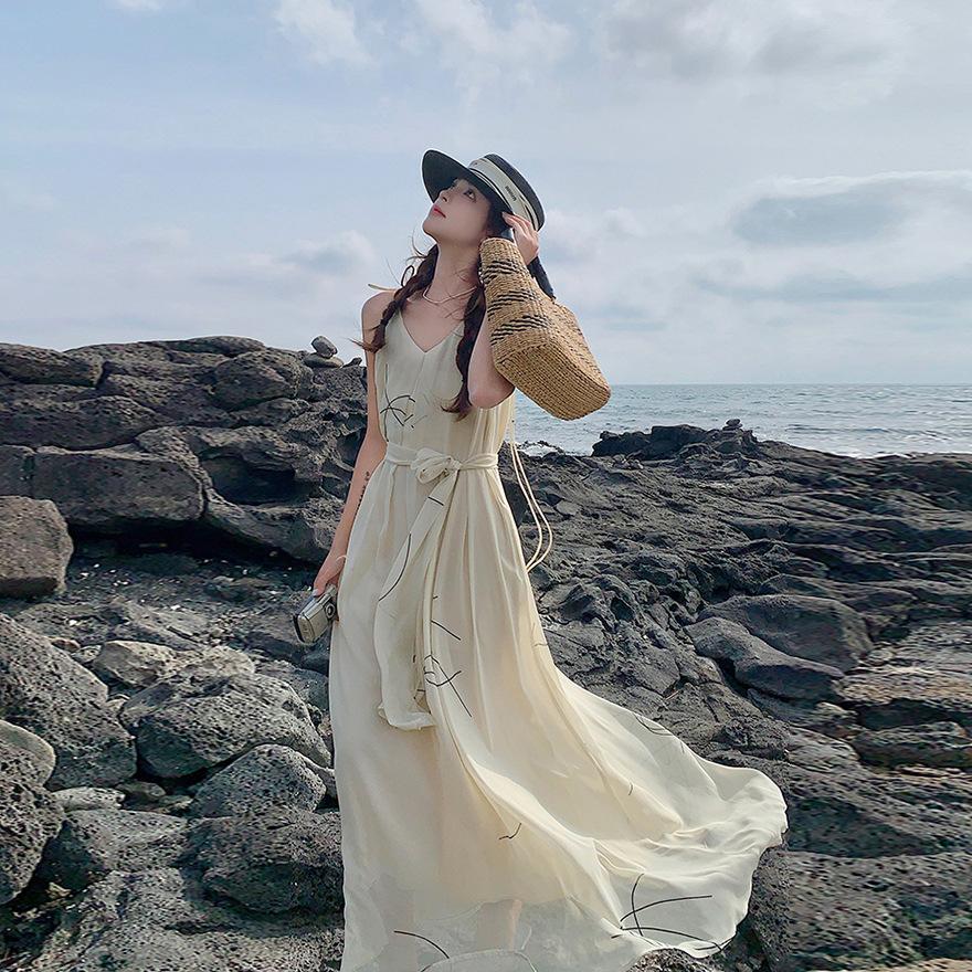 

Пляжный отдых красивое платье на бретелях с V-образным вырезом женское летнее длинное пляжное платье до щиколотки XL абрикосовый