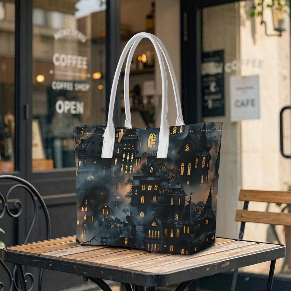 Halloween Dark Castle Print Tote Bag Casual Large Capacity Daily Shoulder Handbag
