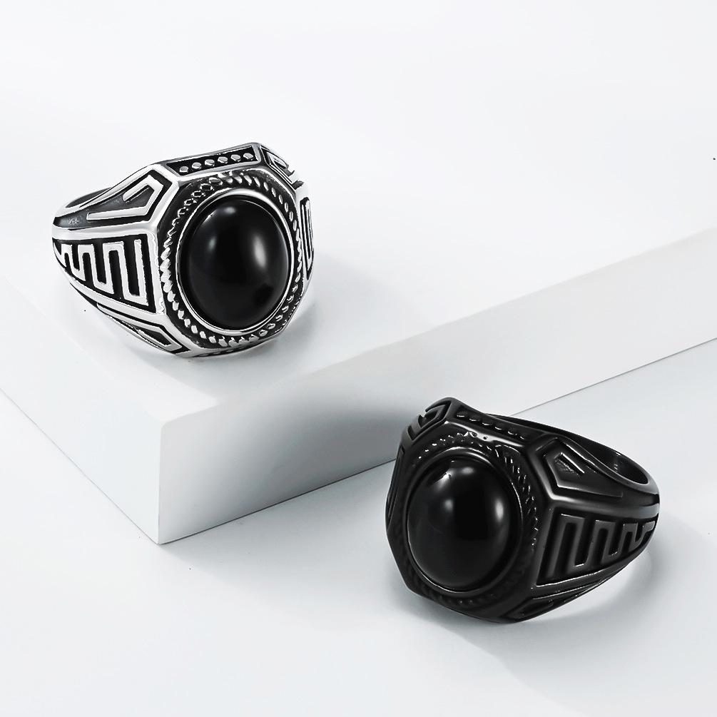 Qianfeng Jewelry Retro Trend Titanium Steel Black Gemstone Ring Men's Literary Niche High-end Index Finger Ring