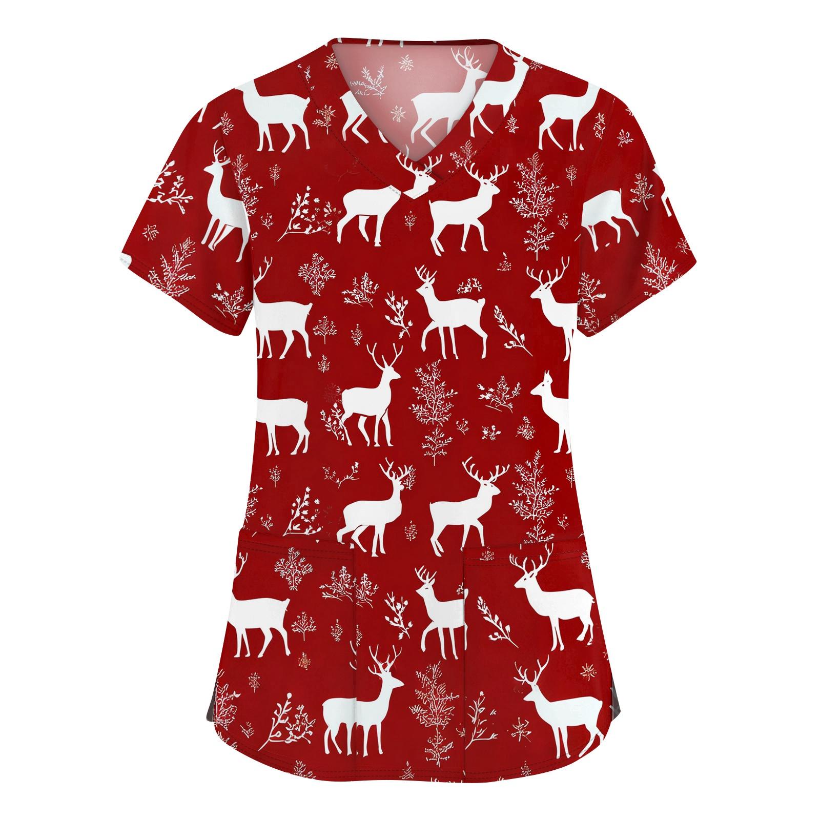 

Женская мода с v-образным вырезом, короткими рукавами и карманами, топы с рождественским принтом XXXXL красный