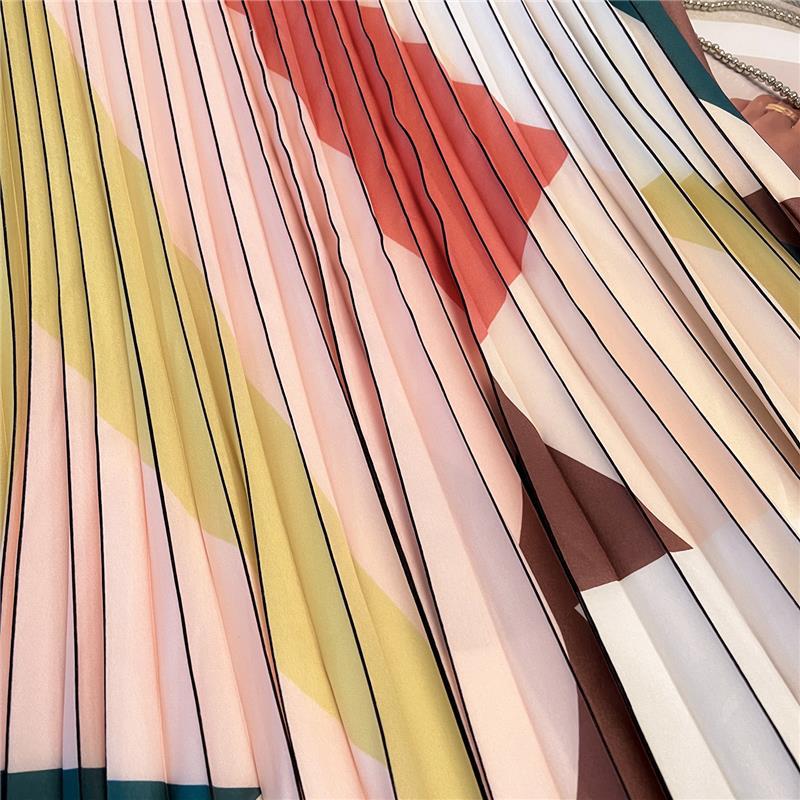 Women Spring Fall High Waist Wardrobe Color Block Printed All Match Pleated Skirt