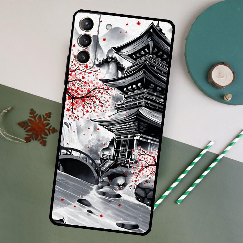 Japanese Art Temple Sakura Case For Samsung Galaxy S23 Ultra S8 S9 S10 S22 Plus Note 10 20 Ultra S20 FE S21 FE Cover