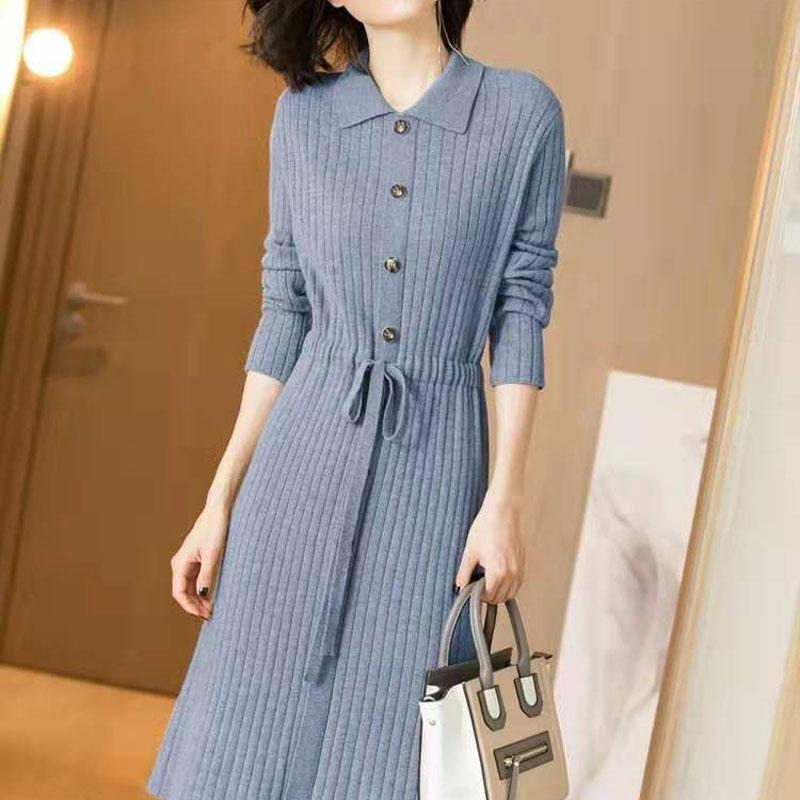 Vintage Basic Solid Color Knitted Midi Dress Autumn Winter Turn-down Collar Button Female Clothing Fashion Drawstring Dresses