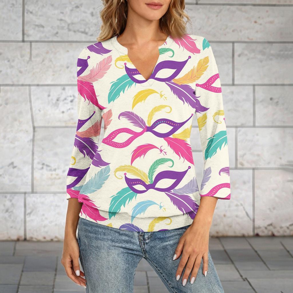 Women's 3/4 Sleeve Top With Cuffed Hem, V-Neck, Summer Casual -Shirt, Carnival Printed Top