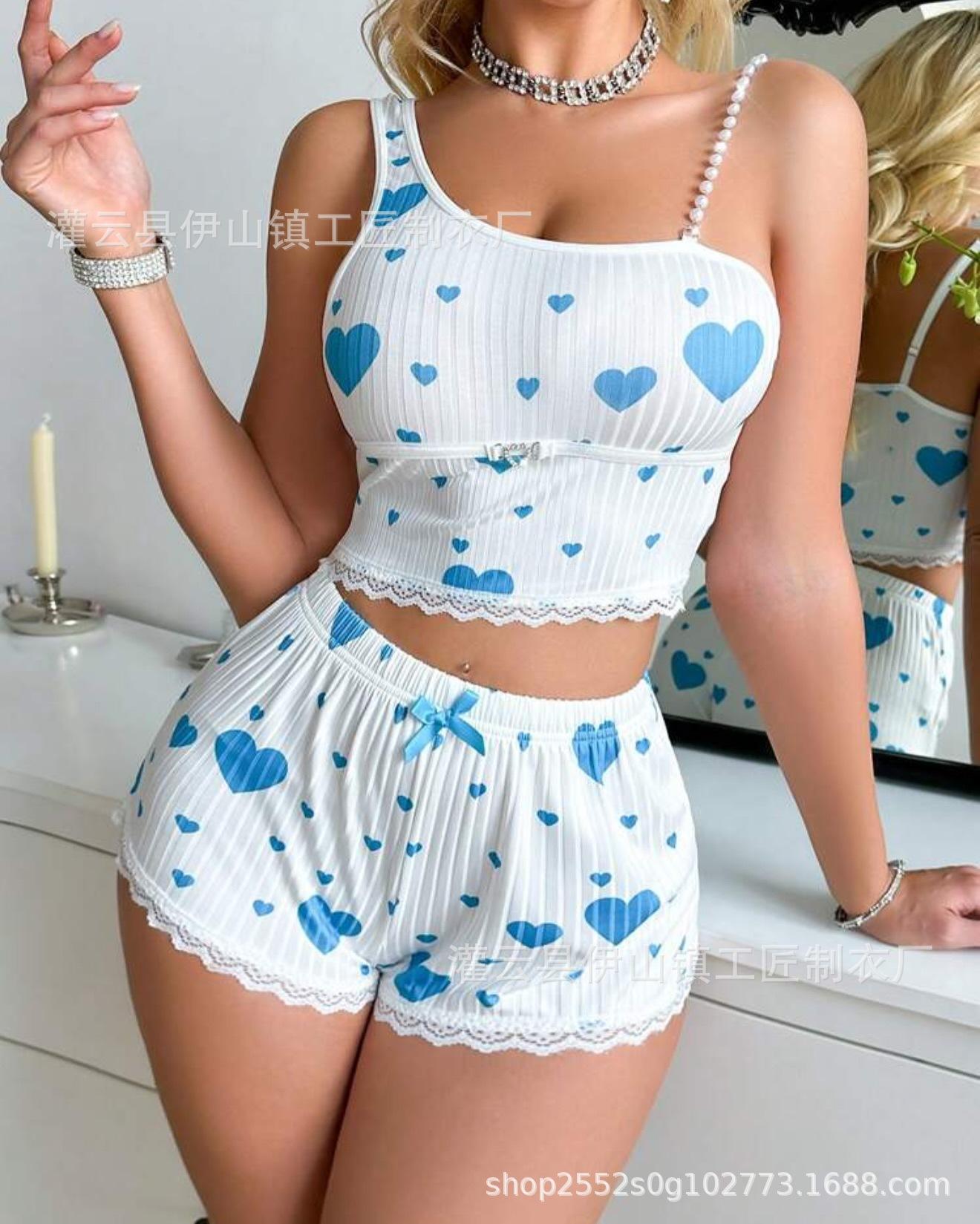 

Europe and the United States hot-selling loungewear love printing suspender shorts casual pit strip women s suit S небесно-голубой