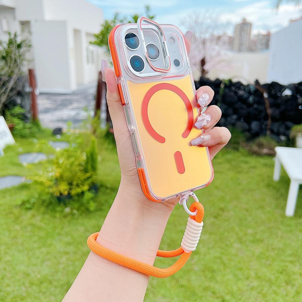 Gradient Color Folding Kickstand Camera Frame Magnetic Phone Case for IPhone 17 Pro Max 17 Wireless Charging Wrist Strap Cover