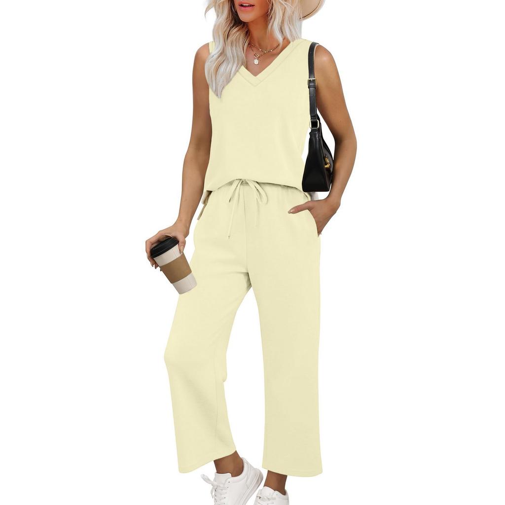 Women's Casual Fashion Sleeveless V-Neck Loose Wide Leg Pants Set