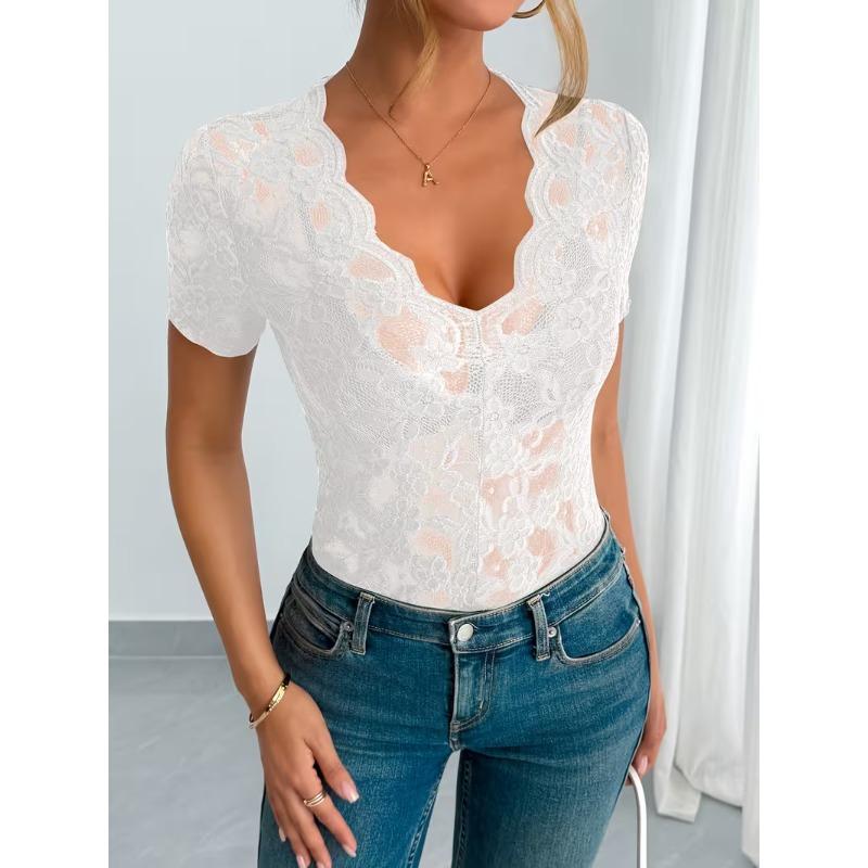 2026 spring and summer new directional elegant women's sexy lace V-neck short-sleeved T-shirt top women