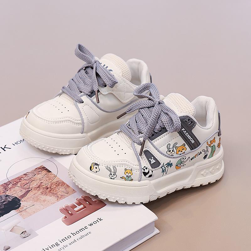 

2026Spring new arrivals: cartoon-printed thick-soled loafers for boys and girls, white lace-up casual sneakers, fashionable and versatile 26Inner Length16.5cm серый