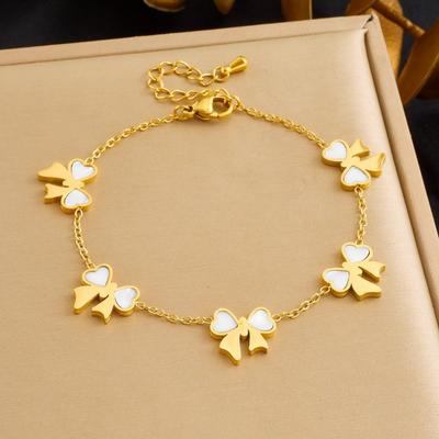 18K Weißgold Plated Weißmuschel Schleife Herz Armband, Niedlicher Schleifenknoten Gliederarmband für Damen, Eleganter Schmuck