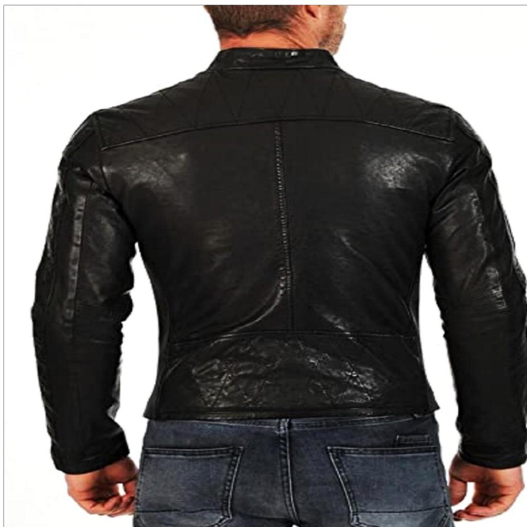 Jachetă motociclist din piele de miel neagră pentru bărbați Noora, cu fermoar și buzunar - JS02