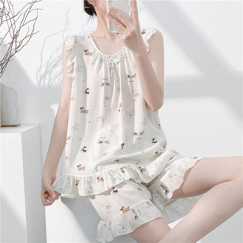 Pajamas Women's Summer Cotton and Silk Thin Suspender Sexy Cotton Silk Loungewear Sweet Shorts Two-piece Set Air Conditioning Clothing Summer