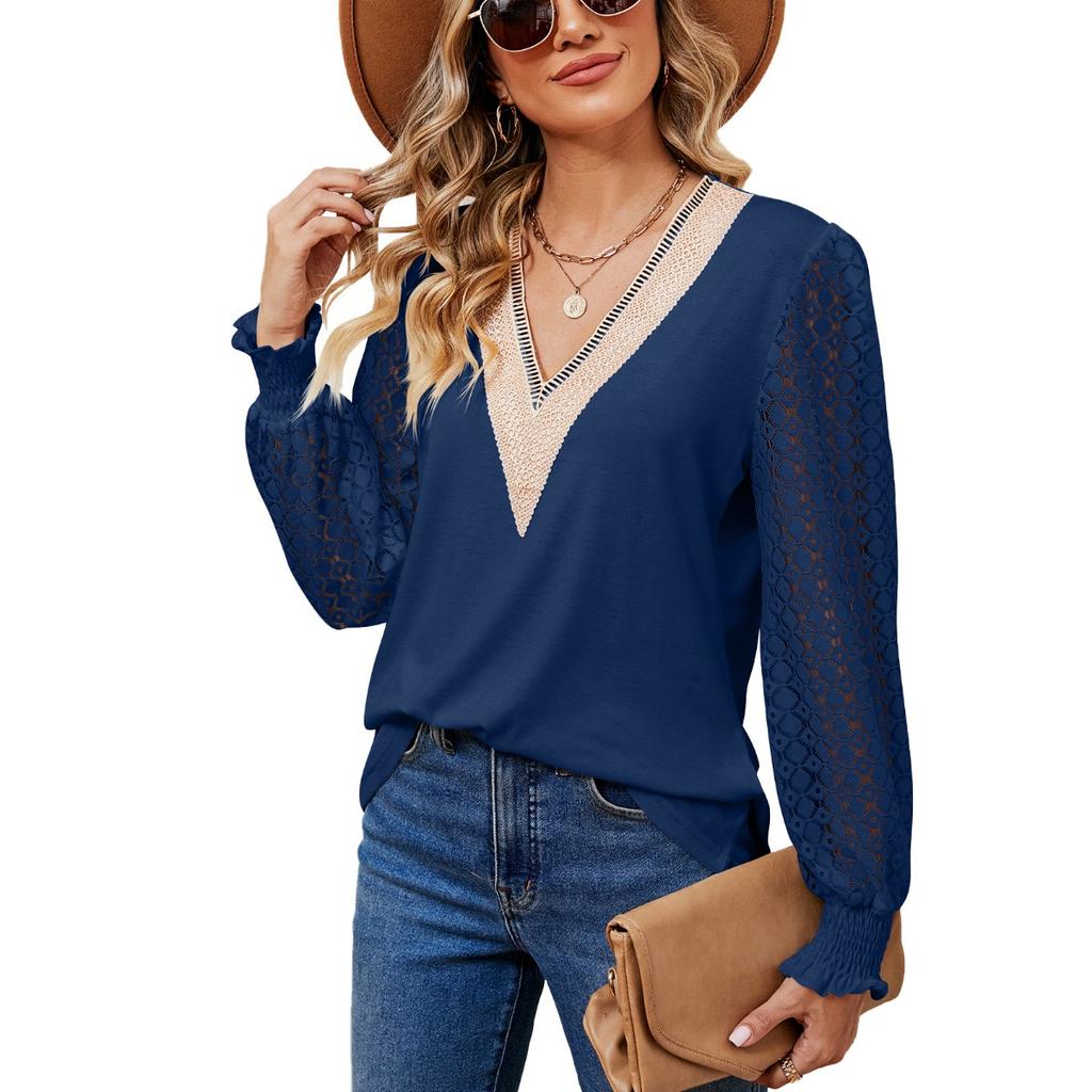 Fall Winter New Women's V-Neck Lace Splicing Loose Long Sleeve T-Shirt Top, Cross-Border Casual Tops for Women