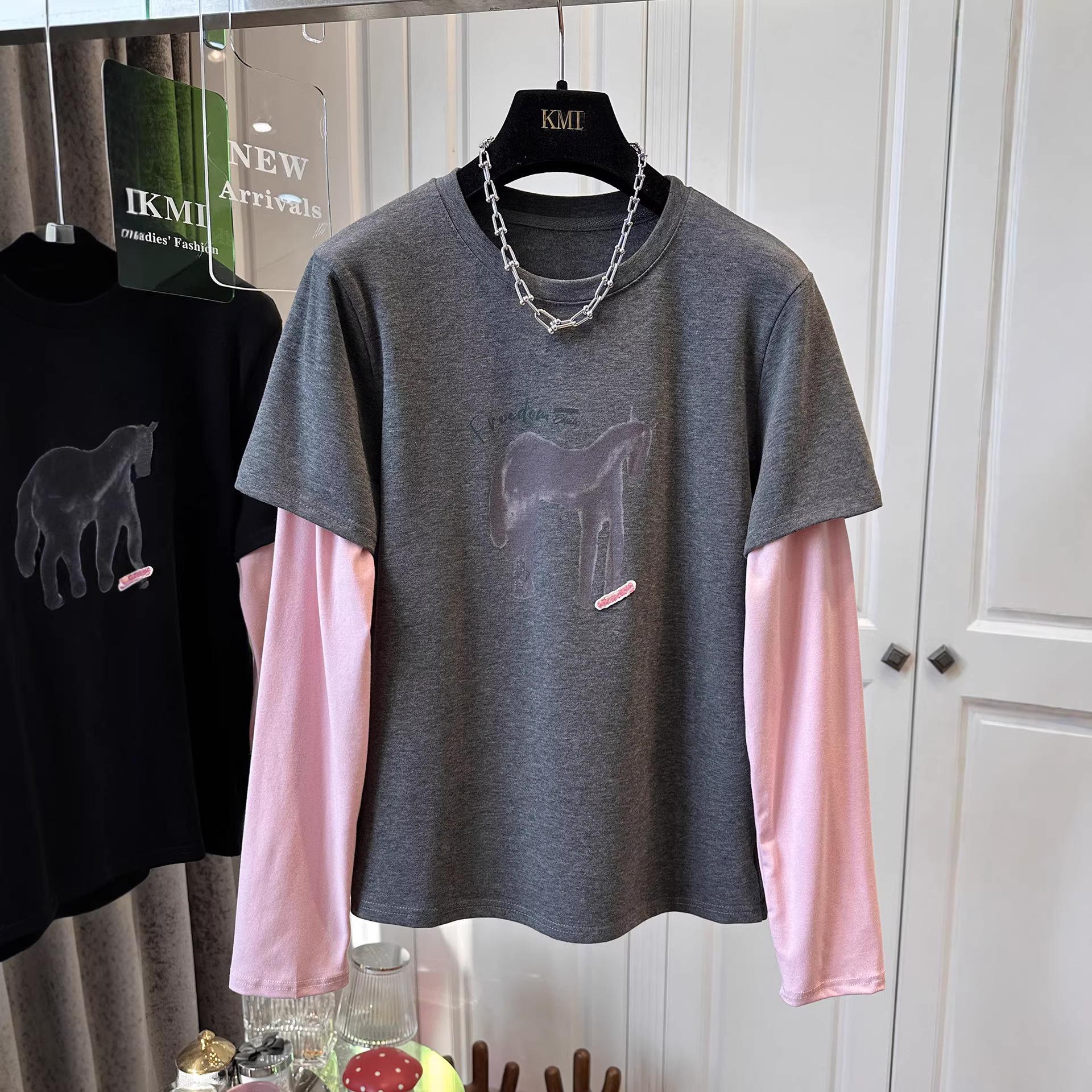 

Plus Size American Street Style Velvet Long-Sleeved T-Shirt with Fake Two-Piece Design - Women s Loose Fit for Early Spring XL [145-165 jin] серый