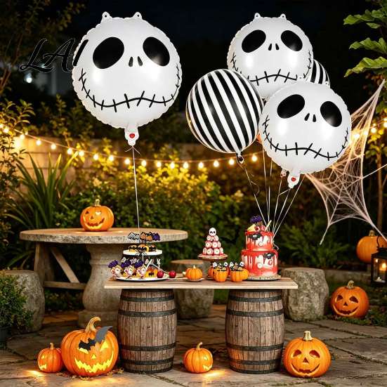 Indoor Outdoor Holiday Decor 12PCS Halloween Skull Balloon Set Aluminum Foil Balloons Black And White Balloons Striped Realistic Print for
