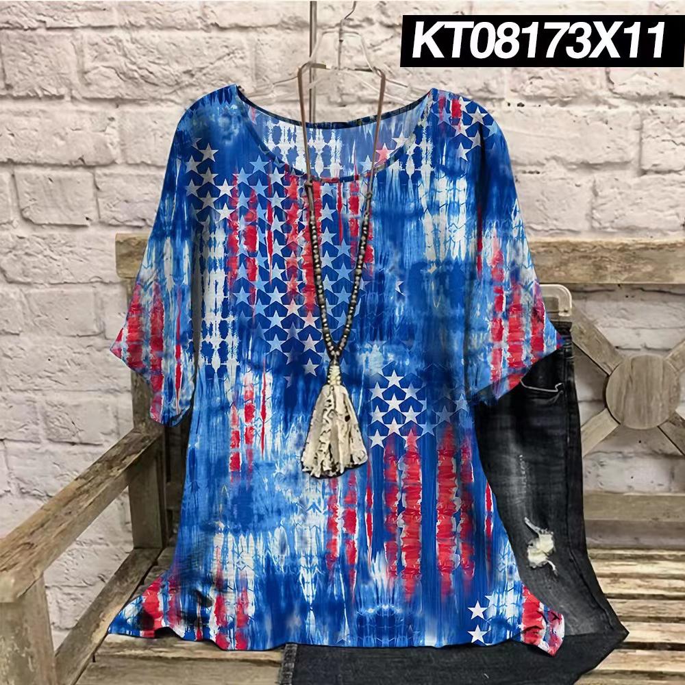 Plus Size Retro Color Blocked 3D Printed Summer Casual Round Neck Short Sleeved Loose Slimming Loose T-shirt