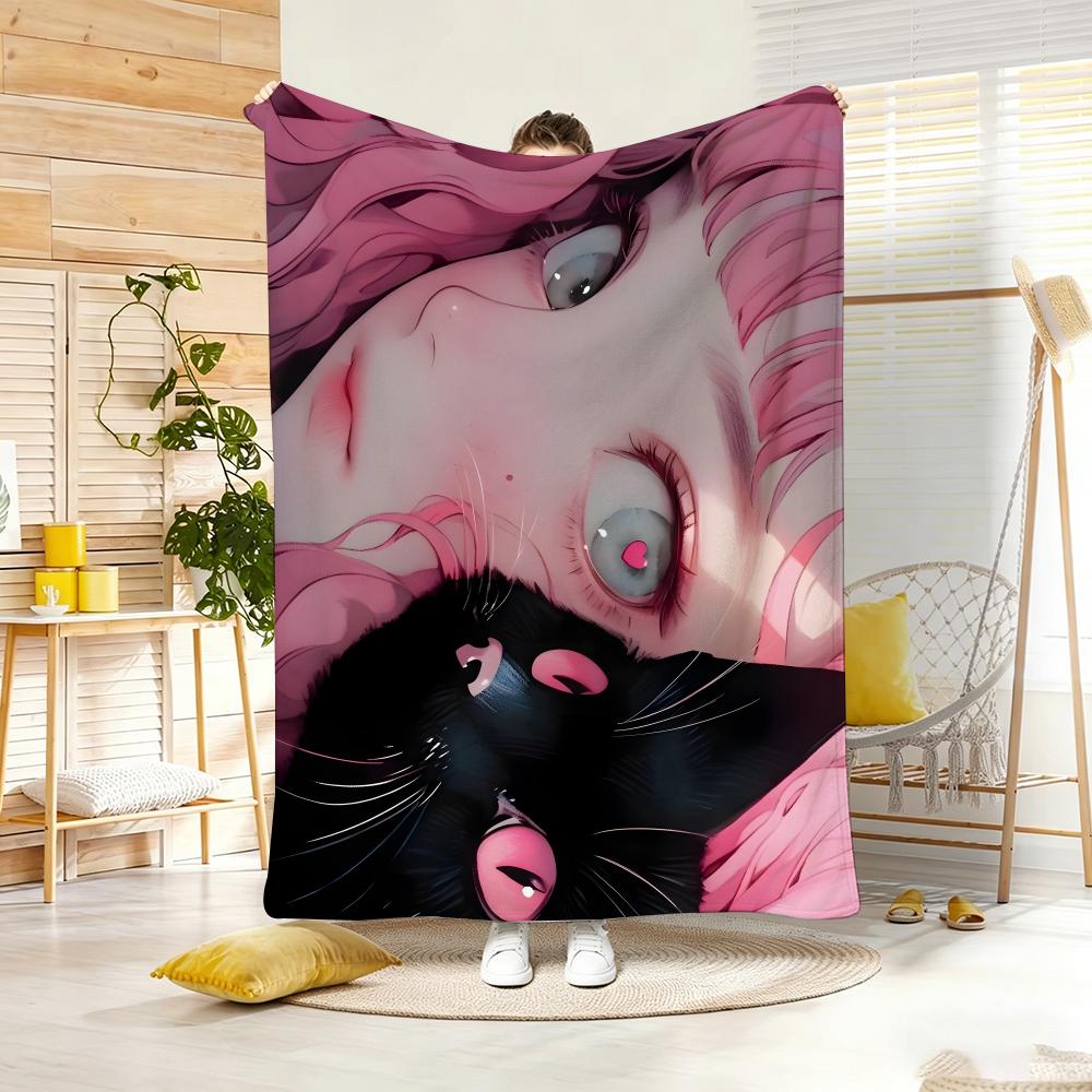 Semi realistic Dark aesthetic cat anime Throw Lightweight 240g Flannel Blanket Soft Skin-friendly for Summer Cooling