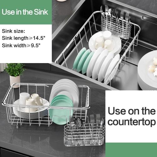 Adjustable, Expandable In-sink Dish Drying Rack, 304 Stainless Steel Metal Dish Drying Rack Organizer with Stainless Steel Dish Holders Inside the Sin