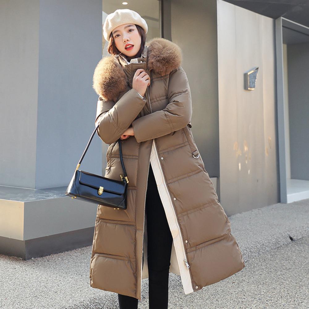 Winter new down cotton clothes women's long over-knee big fur collar Korean version slim and thin belt coat cotton
