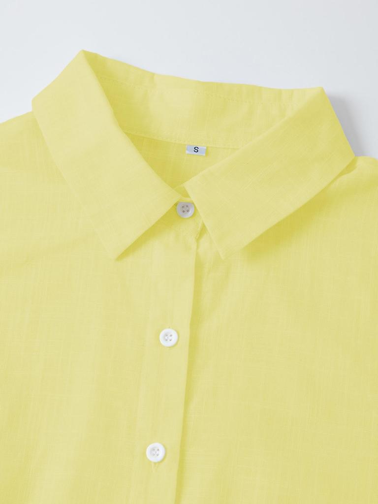 Solid Color Pleated Long-sleeve Women's Bamboo Cotton Lapel Top