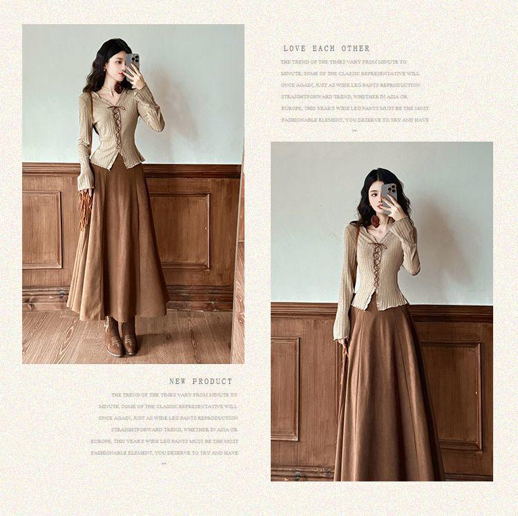Women's Slim-Fit Knit Top & Long Velvet Skirt Two-Piece Set for Spring & Autumn
