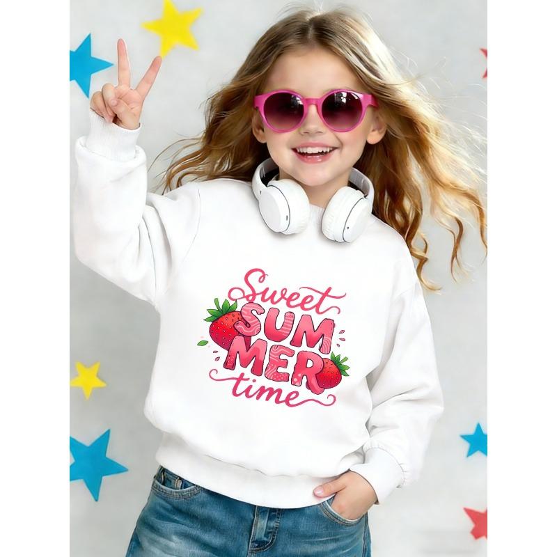 European sizes Cute Strawberry Print Pattern Kids' Spring Lightweight Crew Neck Sweatshirt, Comfortable Outdoor Wear Choice for 0-3 Years Old