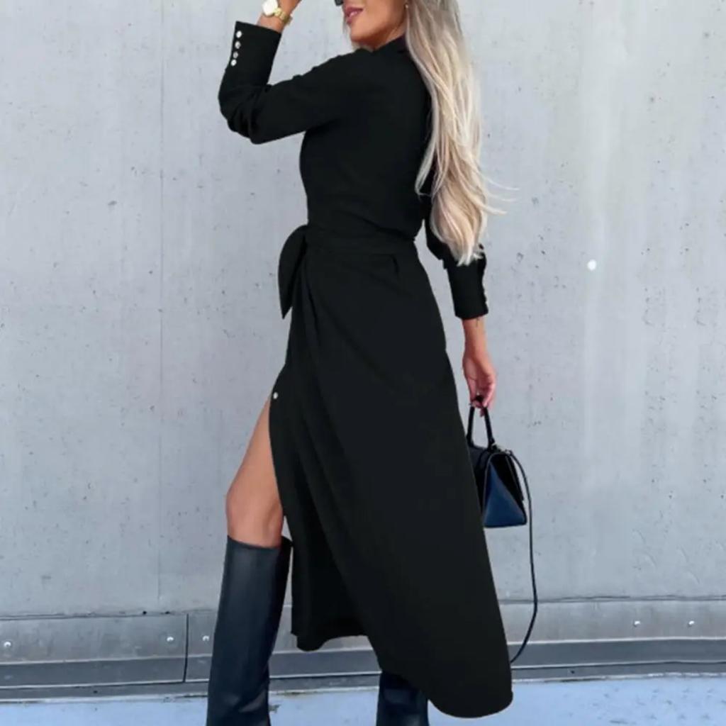 Women's Cotton Button Down Maxi Long Sleeve Lapel Collared Long Dress Lace Up Waist Ladies Robes