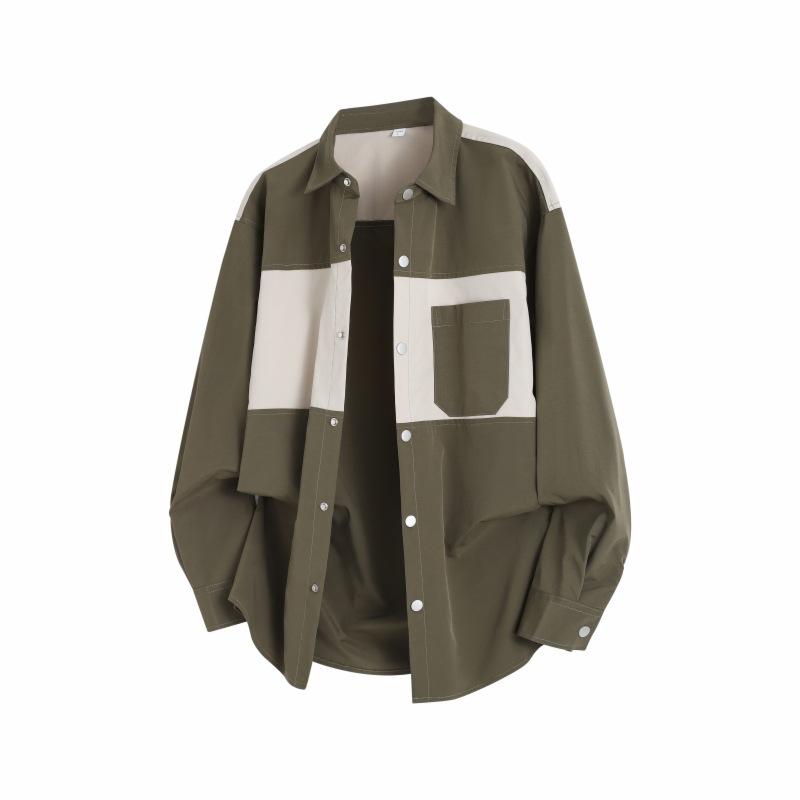 

Весенне-осенняя мужская рубашка с длинным рукавом в цветовой блок, мужская повседневная рубашка свободного кроя с длинным рукавом и отложным воротником, куртка 3XL армия зеленый